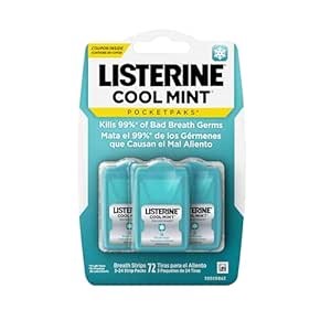 Listerine Travel Essentials Cool Mint PocketPaks Breath Strips, Travel Size Mini Mouthwash Breath Fresheners Party Favor Goodie Bag Strips Kill 99% of Bad Breath Germs, 3 Pack of 24 ct