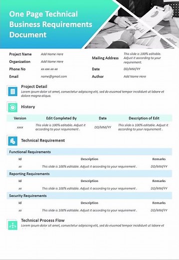 One Page Technical Business Requirements Document PowerPoint Template | Kridha Graphics