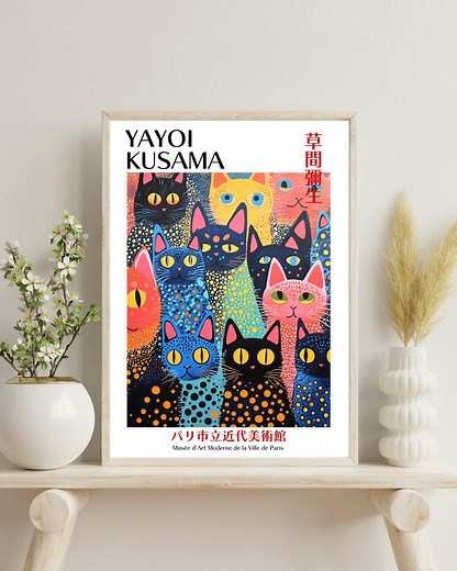 Yayoi Kusama Art Print | Japanese Cat Abstract Poster | Modern Japandi Style Decor | Kusama Inspired Wall Art | Yayoi Kusama Poster - Etsy