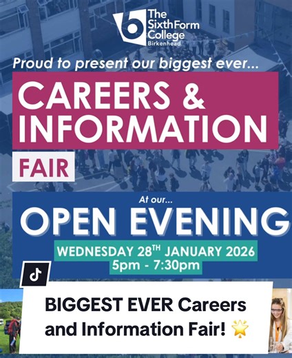 Visit our BIGGEST EVER Careers & Information Fair at our upcoming Open Evening on Wednesday 28th January 2026! ✨ Speak to our expert Careers Team, chat with tutors, meet representatives from the University of Liverpool, find out more about College buses and our High Performers Programme. 🌟 🗓️ Wednesday 28th January 2026 ⏰ 5pm - 7:30pm 🔗 Book your place today: https://www.bsfc.ac.uk/openevenings #birkenheadsixthformcollege #collegelife #openevening #sixthformcollege #weloveBSFC