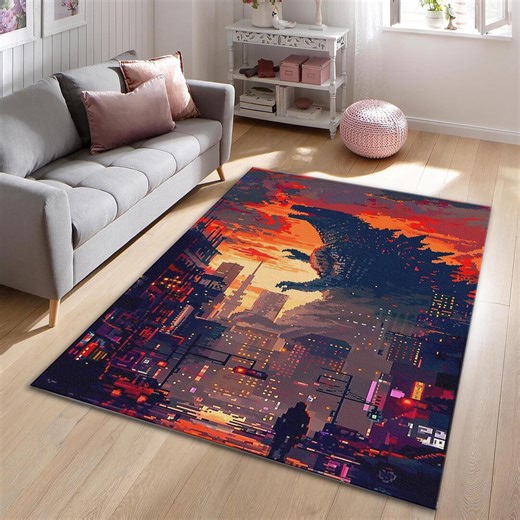 Retro Pixel Art Kaiju Rug, 8-bit Monster City Area Rug, Gaming Room Decor, Washable Non-slip Floor Mat,gift for Gamer,japanese Movie Fan Rug - Etsy