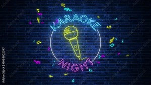 karaoke night microphone and musical notes on brick wall neon lights animation, music night club and bar motion background