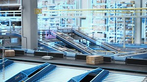 Static Footage with Automatic Conveyor Belt System with AI Capabilities Handling, Sorting and Preparing Parcels for Shipping. VFX Augmented Reality Animation Visualizing Internet of Things Concept