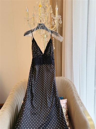 Black Polka Dot Slip Dress With Lace Trim, Elegant Maxi Dress for Wedding Guest, Romantic V-neck Sleeveless Dress - Etsy