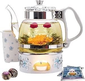 Teabloom Princess of Monaco Teapot & Blooming Tea Gift Set (6 Pieces) - Borosilicate Glass Teapot (34 oz / 1000 ml / 3-4 Cups), Porcelain Lid, Tea Warmer + Candle, Loose Tea Infuser, 2 Flowering Teas