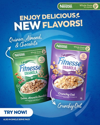 Great mornings start with Nestle Fitnesse Granola! Discover the delicious new flavors of Crunchy Oat and Quinoa, Almond & Chocolate! ASC N0126P102225F | Nestlé Fitnesse