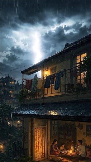 Powercut on a rainy night. Village Life Animation