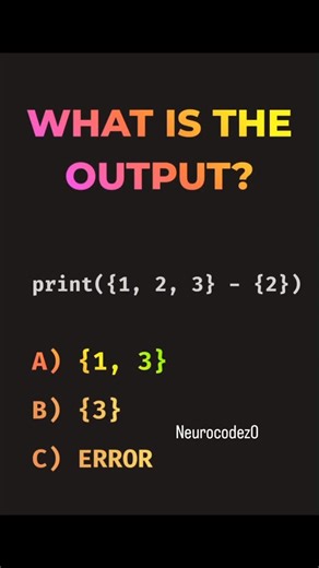 Shobhit Kumar on Instagram: "⚡Daily Python Challenge⚡ Comment your answer now ⬇️ — fastest coder gets pinned 🏆 Ready to level up your coding game? 🚀 “Brands: DM ‘Promo’ for collaboration” Follow @neurocodez0 #neurocodez0 #PythonCoding #PythonProgramming #LearnPython #DailyPython #CodeChallenge #PythonMCQ #PythonDeveloper #PythonForBeginners #CodeDaily #100DaysOfCode #programminglife #CodingQuiz"