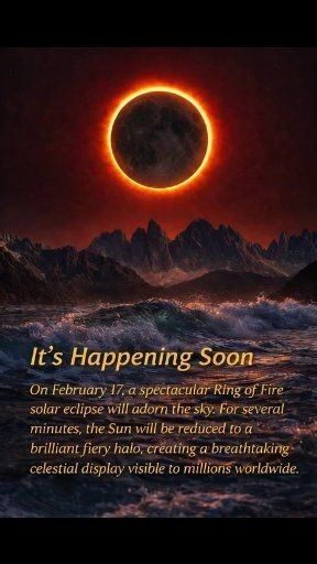 😯👉Mark Your Calendar: February 17, 2026 — Ring of Fire Solar Eclipse! 🌍🌑 A breathtaking sky event is on the way! On Tuesday, February 17, 2026, the Moon will move directly between Earth and the Sun. However, it won’t completely block the Sun. Instead, a bright ring of sunlight will remain visible around the Moon’s edge. This rare and beautiful alignment is called an annular solar eclipse, often known as the “Ring of Fire.” --- 📅 Date & Timing (UTC – Global Reference) Partial eclipse begins: