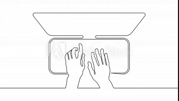 Animation drawing continuous one drawn line. Top view of hands typing on a computer keyboard. Printing text on a computer. Computer monitor.Text input. View from above.One continuous line . Line art. Stock Video