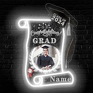 Personalized Graduation Gift Neon Signs Congrats Grad LED Light Signs with Photo 2026 Backdrop Decor for Party Bedroom Garage(A-Black and Silver)