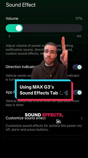 To use the “Sound Effect” tab on the Segway-Ninebot MAX G3 in the Segway Mobility app: 🛴📲 1. Click “settings” ⚙️ 2. Scroll down and click “sound effect” 👈 3. Toggle the volume slider to adjust how loud your sound effects play from this tab. 🔊 Direction Indicator Sound: If this switch is toggled on, when you turn on your blinkers, you can hear them BEEPING. 🚨 App Function Tone: Toggle this switch on if you want to hear a BEEP after every mode you change within the Segway Mobility app. 📟 Cus