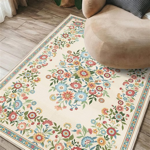 Cream Floral Area Rug + Rectangular + Washable French Country Decor - Etsy UK