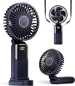GOCKERA Portable Fan, 4200mAh Battery Operated Fan, 5 Speeds&Digital Display, Makeup Fans for Women with Base, 180°Foldable 3in1 Handheld/Neck/Desk Fan for Outdoor Indoor,Ultra Quiet (Blue)