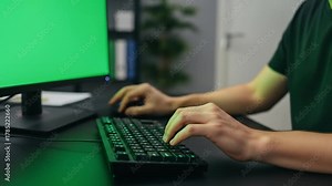 Gamer playing with green screen monitor for streaming or video editing adding custom backgrounds for immersive experience and engaging content