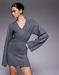 Aria Cove knit v neck wide sleeve mini sweater dress in charcoal | ASOS