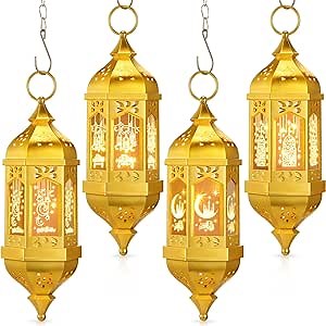 Threan 4 Pcs Ramadan Lantern Hanging Hexagon Decorations Ramadan Mubarak Lantern LED Eid Mubarak Lights Kids Gifts for Home Muslim Islam Festival Porch Decor (Gold)