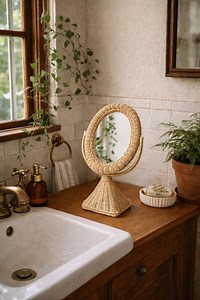 Vintage Wicker Vanity Mirror | Rattan Tabletop Mirror | Freestanding Swivel Oval - Etsy