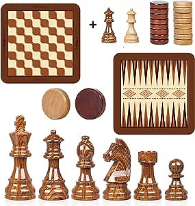 Onietoiy 3 in 1 High Polymer 3.75 Inch Weighted Chess Sets Backgammon and Checker Games Standard Competition Chess Pieces with Extra 2 Queens and Large Portable 19 inch Chess Board Set