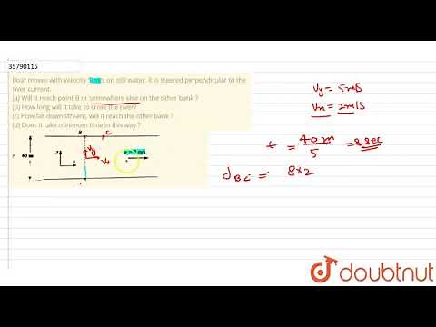 Boat moves with velocity 5 m/s on still water. It is steered perpendicular to the river current.