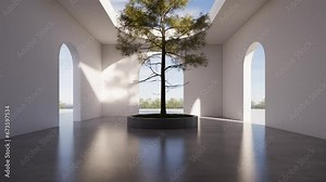 Indoor tree architecture with natural cloud view arches and background, natural floor, with time-lapse, illustration 3d rendering