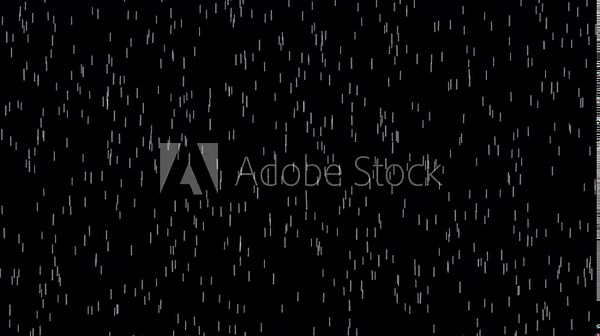 Rainfall animation with straight falling water lines from top to bottom on black background. 4K animated rain overlay for weather scenes, cinematic effects, motion graphics, and video editing.