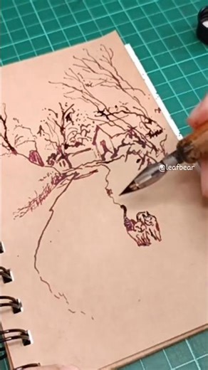 Dip Pen Drawing Two Cats in Snow | Shimmer Ink on Kraft Paper