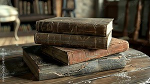 Exploring antique books stacked on a rustic wooden table in a cozy library setting