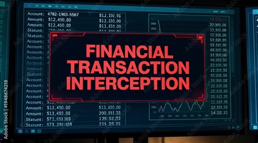 Hooded cybercriminal actively typing on a keyboard, performing financial transaction interception displayed across multiple computer screens