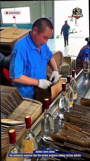 Worker Packs Glass Bottles into Cartons Fast and Neat | Tools Construction