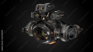 Futuristic gunship or very detailed flying military machine with heavy wepons or guns. 360 degree turntable animation isolated on black background. 3d rendering