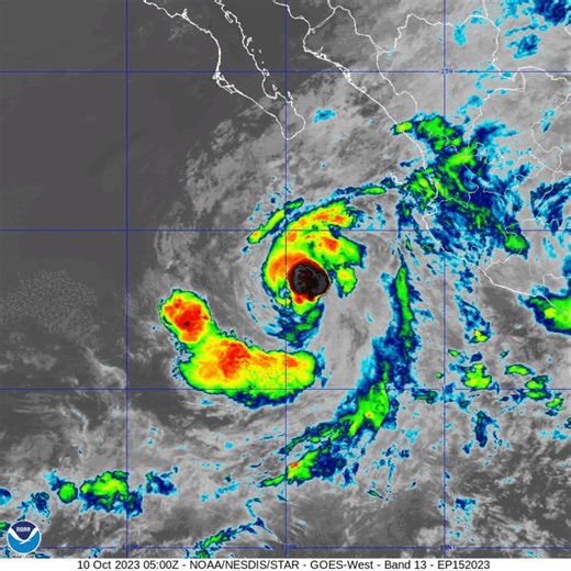 Infrared imagery via NOAA's GOES West satellite this morning shows Hurricane Lidia heading toward west-central Mexico. The storm is forecast to strengthen before making landfall late this evening or overnight. Hurricane-force winds and flooding rains are expected to begin this afternoon. Latest: www.nhc.noaa.gov/?epac | NOAA Satellite and Information Service