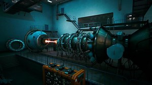Futuristic laboratory with advanced sci fi machinery and energy beams