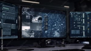 Military high tech scanner examining selected mountain area. Military high tech scanner calculating the target geoposition. Military high tech scanner identifies the location of the rival army base.