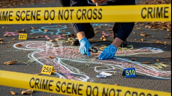 Investigating a Chalk Outline Crime Scene with Caution Tape and Evidence Markers