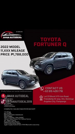 2022 Model Fortuner 4x2 Q VARIANT Price: 1.788m negotiable upon personal viewingContact Owner/SellerRyan Castro📞0915-405-1716📍Lot 23 Block 5 Fil-Am Road, Friendship Hi-way, Sto Domingo Angeles City, Pampanga Waze: RYAN AUTODEAL friendship | RYAN AutoDeal