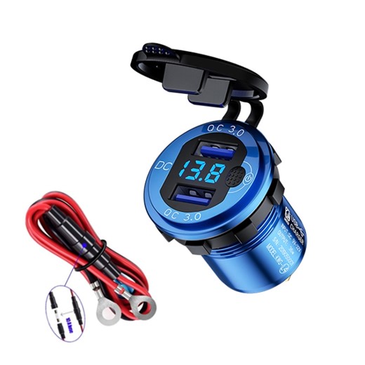 [$7.63] Aluminum Alloy Double QC3.0 Fast Charge With Button Switch Car USB Charger Waterproof Car Charger Specification: lue Shell Blue Light With 60cm Line