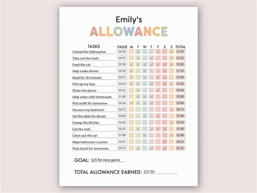 Allowance Chart for Kids | Printable Allowance Chore Chart, Allowance and Chore Tracker, Kids Chore Chart With Allowance, Earn Money (PDF) - Etsy