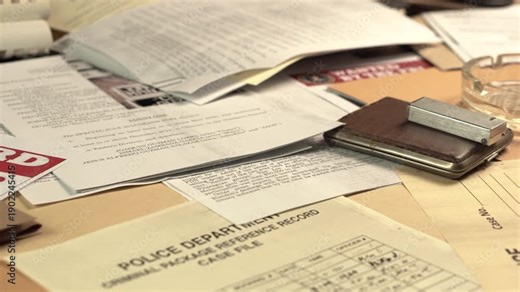 Police Detective Desk Full of Documents From Criminal Investigation, Ashtray and Cigarette Case