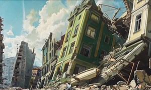 Collapsed building after an earthquake, with rubble and debris scattered around. Damaged infrastructure, urban scene of destruction and devastation. War. Generative Ai