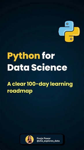 Dr. Pooja | Python | SQL | Power BI | Excel on Instagram: "Learning Python for data science is not about rushing through syntax. It is about building a strong foundation, understanding how tools fit together, and applying them to real analytical problems. This 100-day learning path is designed to move step by step, starting with core Python concepts, progressing through data manipulation and visualization, and ending with statistics and machine learning fundamentals. Each phase builds on the pre