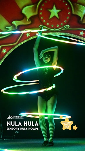 1.8K views · 16 reactions | ✨ Nula Hula and her sensory hoops light up the stage and the faces of everyone watching. ✨ With every spin, twist and turn, her incredible hula hoop skills create a mesmerising display of colour and movement. The hoops sparkle and glow, drawing the audience into a world of wonder and adding an extra layer of sensory magic to the show.  #CircusMagic #CircusStarr #nulahula #hulahoop #sensoryshow | Circus Starr | Facebook