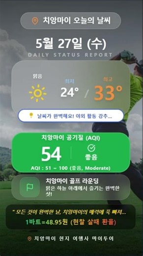 [2026년5월27일] 치앙마이 실시간 날씨 & 공기질 & 바트 환율☀️ #치앙마이 #치앙마이여행 #치앙마이환율 #바트환율 #마이투어 #치앙마이골프 #치앙마이투어 #알파인골프클럽