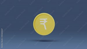 Currency icon animation 3d rendering. 3d animated Indian Rupee currency symbol spinning with shadow. Rupee currency golden coin animation video.