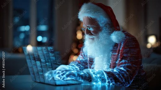 Santa Claus Digital Delight: Santa Claus, illuminated by a digital glow, engaging with technology, and capturing a moment of festive innovation.