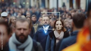 Facial recognition software scanning a crowd and detecting people's faces, highlighting potential uses for security and surveillance
