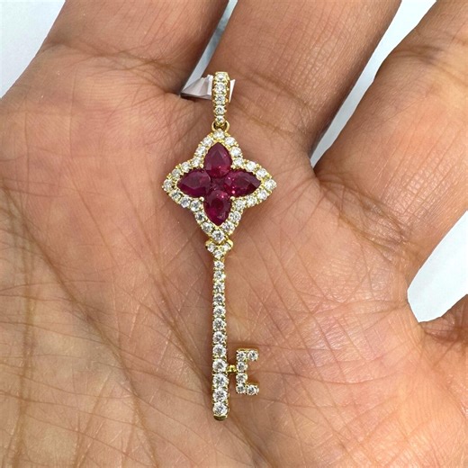 18K Gold Diamond Key Pendant Charm Necklaces, Ruby and Diamond Key - Etsy