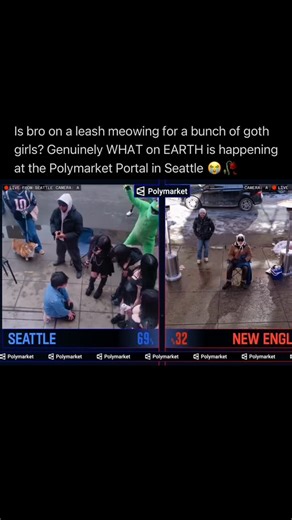 @hitsblunt on Instagram: "Bro on the right in New England is in the ultimate cuk chair 💀 Polymarket actually set up a wild $500,000 live “camera portal” connecting the streets of the two Super Bowl cities (Seattle and Boston) as a fan activation ahead of the big game, and THIS is what it lead to 😭💔🥀 The concept was basically a giant real-time video link where people in each city could see and react to fans across the country, turning trash talk into literal face-to-face interaction weeks bef
