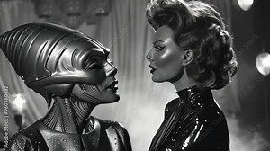 Futuristic Human and Alien Face-Off in Black and White Sci-Fi Setting Stock Video