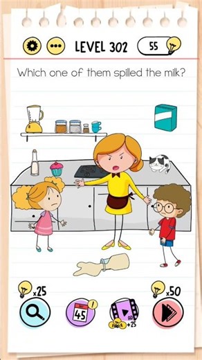 Brain Test Tricky Puzzles | Level 302 | Which one of them spilled the milk? #braintestsolution